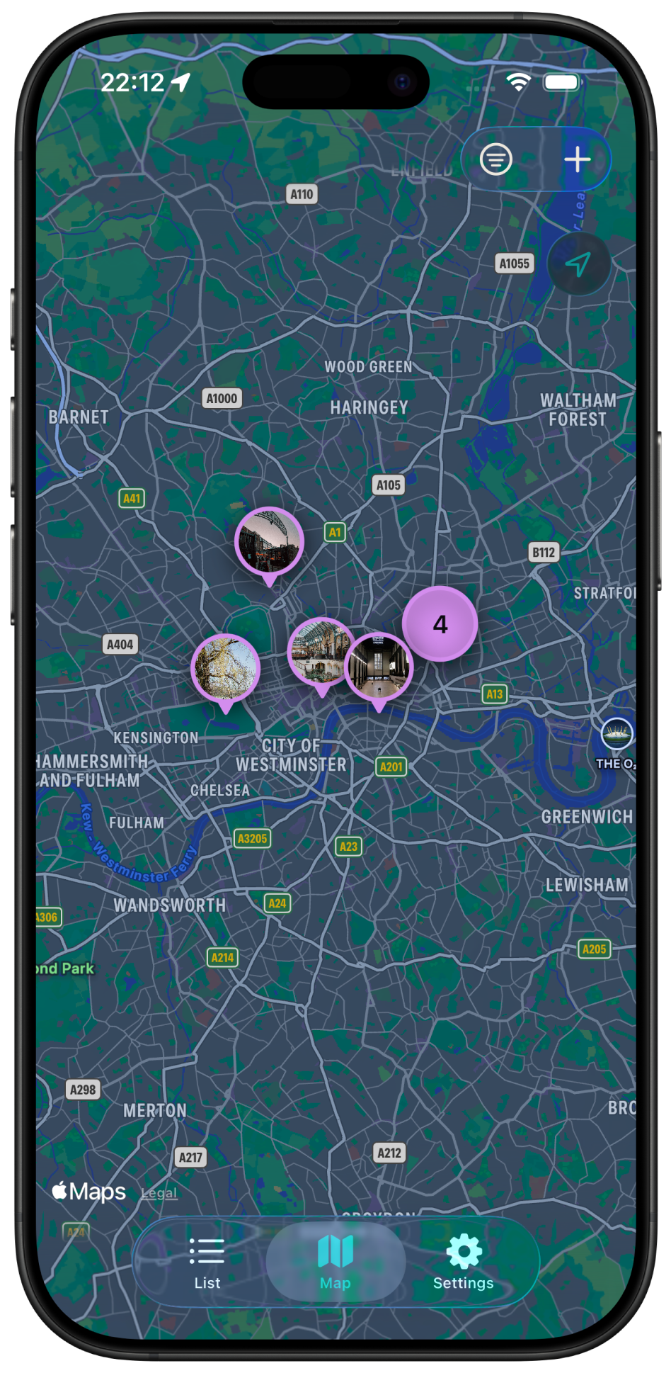 All saved places on a map